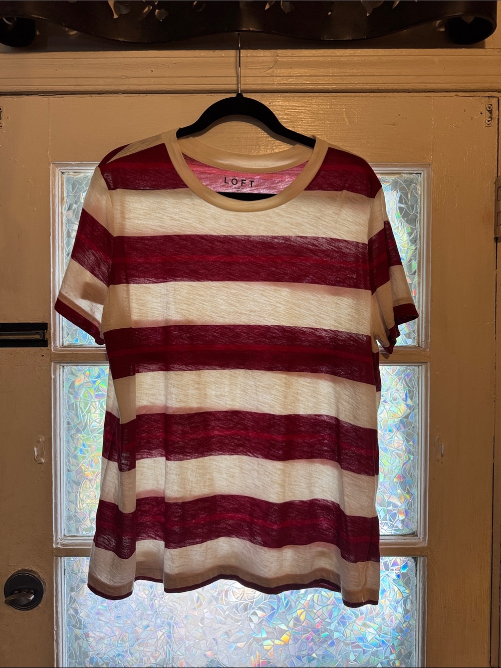 LOFT Red and White Striped Short Sleeve Tee